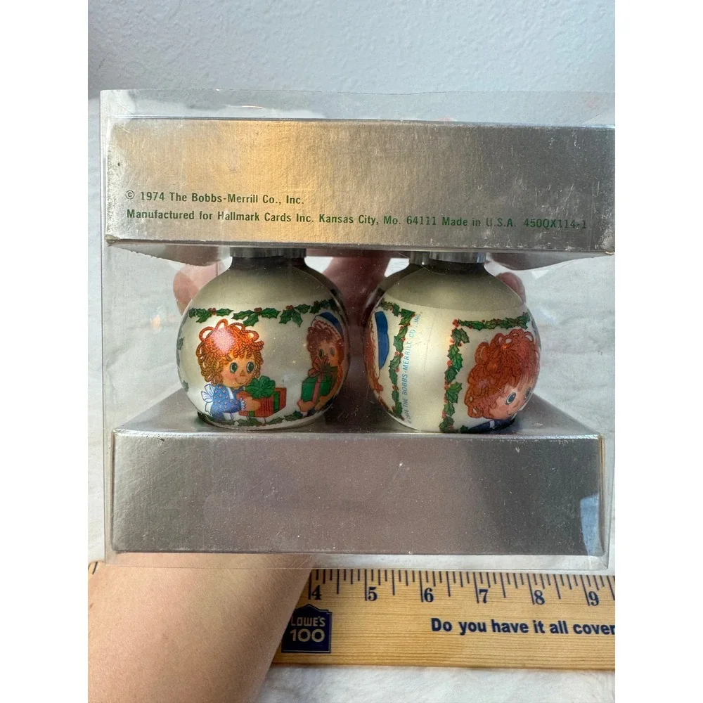 Vintage 1974 Hallmark Raggedy Ann & Andy Glass Ball Ornaments Set of 4 1.75